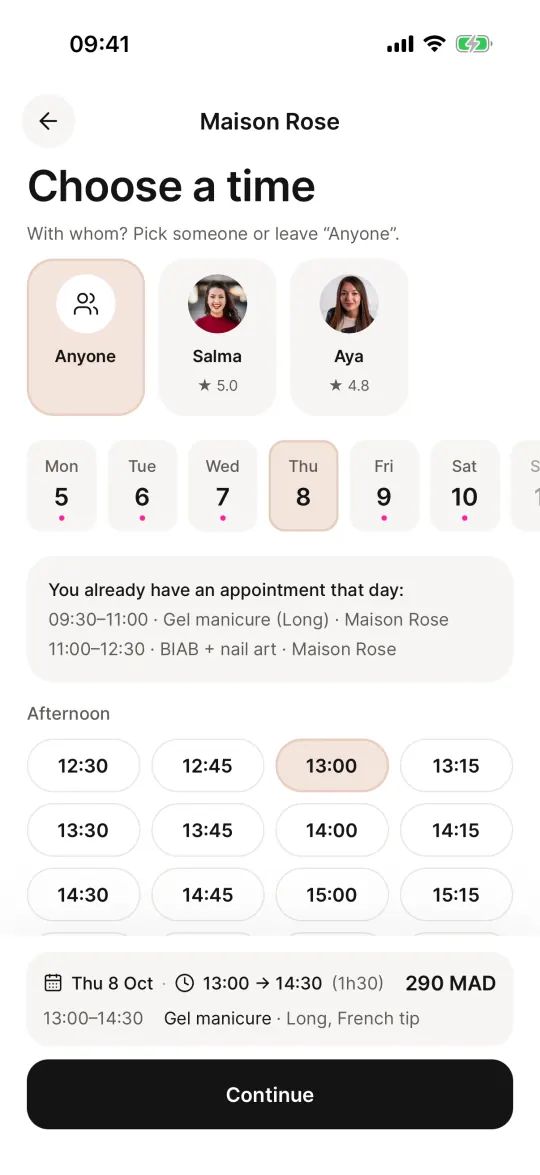 Picking a time: the salon's free slots