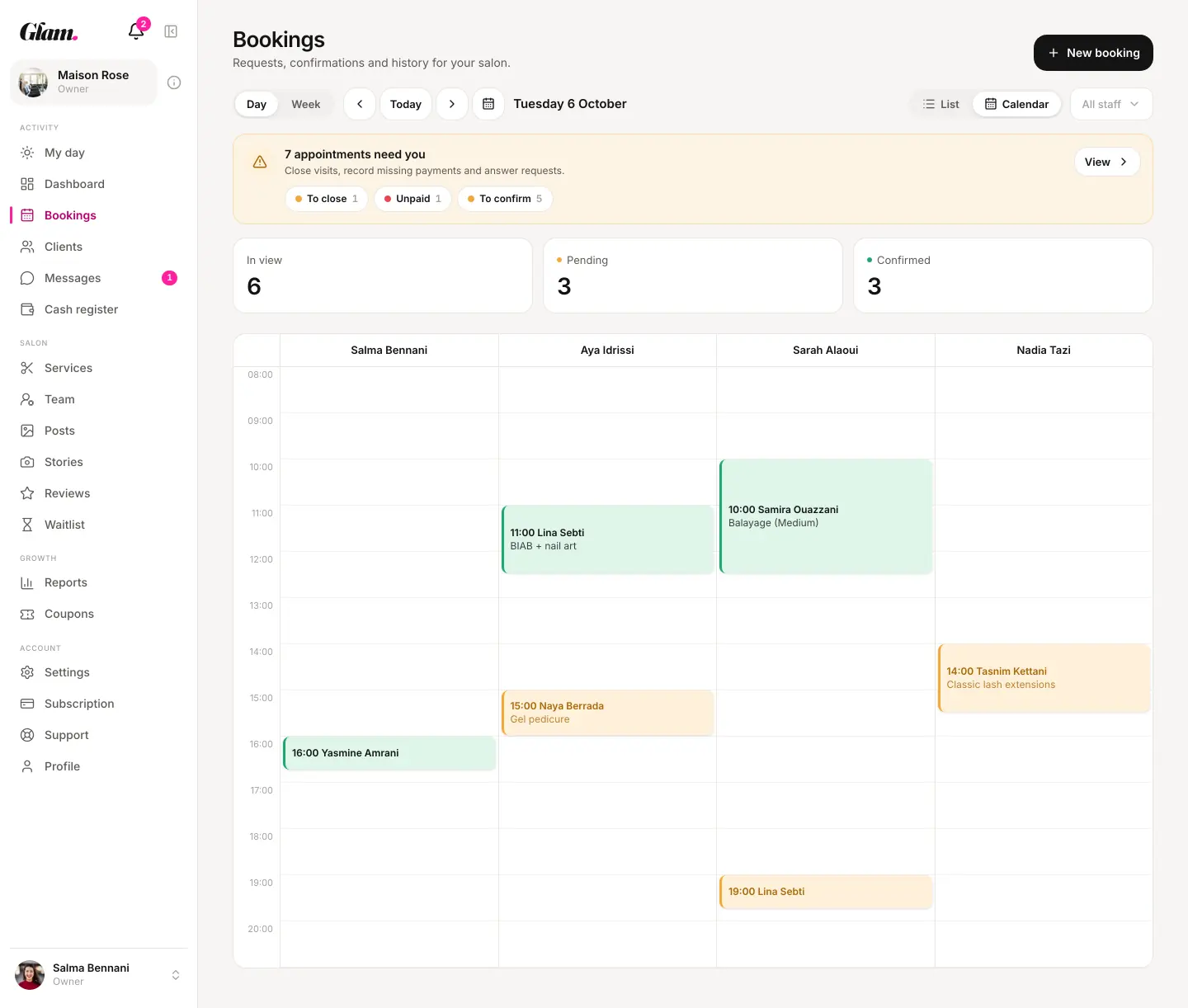 The salon calendar, one column per team member