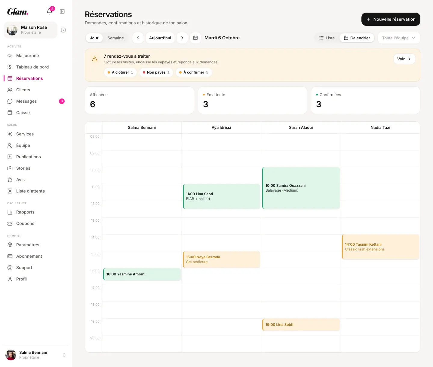 L'agenda du salon, une colonne par membre de l'équipe